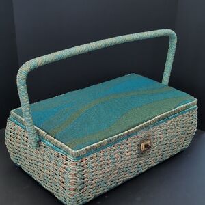VGT,Singer Woven Blue/Tan Large Sewing Basket with Padded Lid,Made In japan.